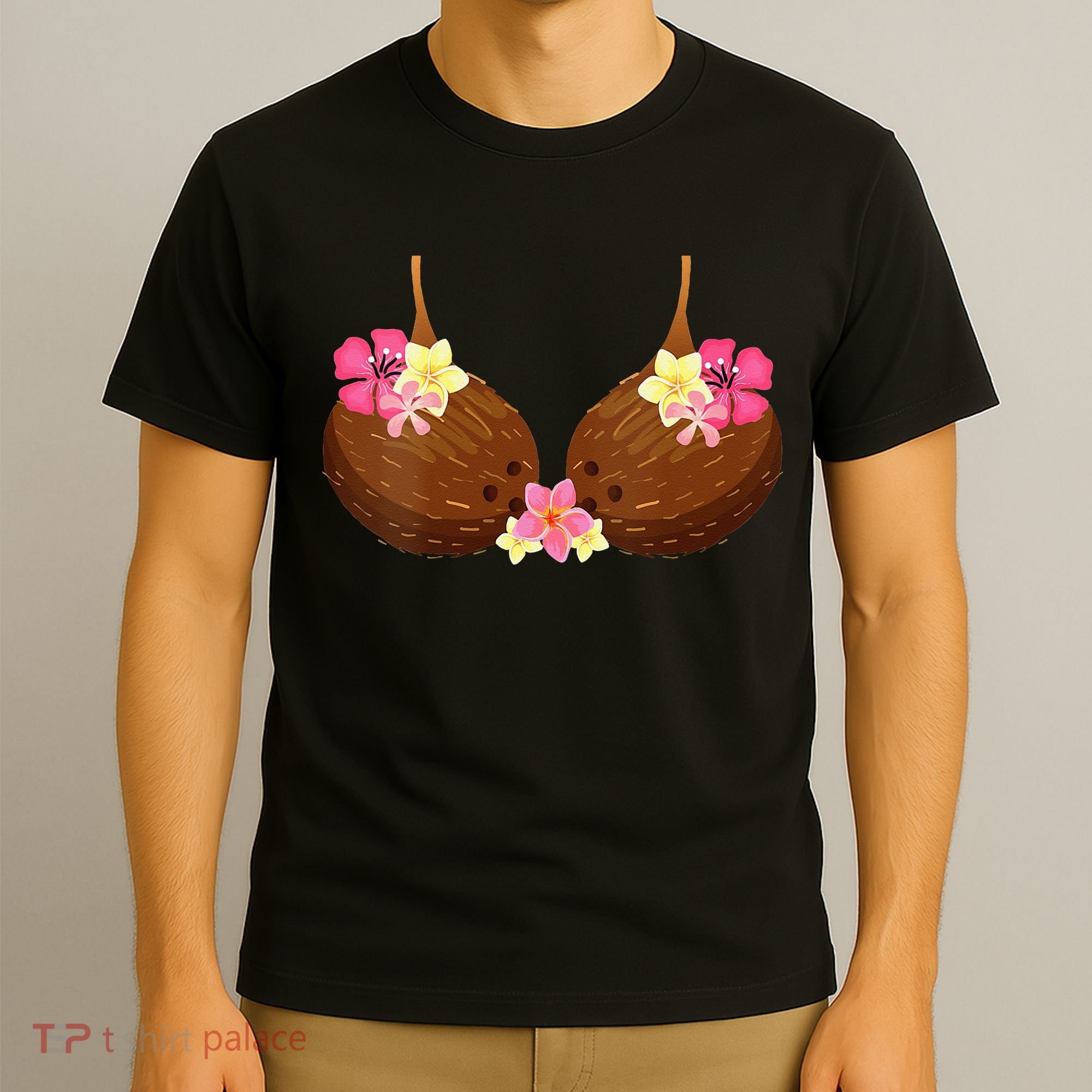 Funny Coconut Bra With Hawaiian Tropical Flowers T-Shirt