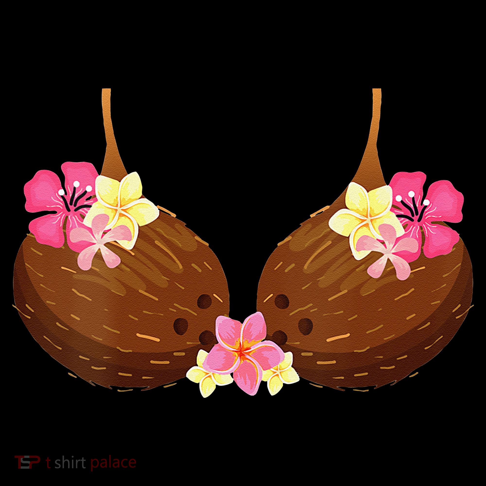 Funny Coconut Bra With Hawaiian Tropical Flowers T-Shirt