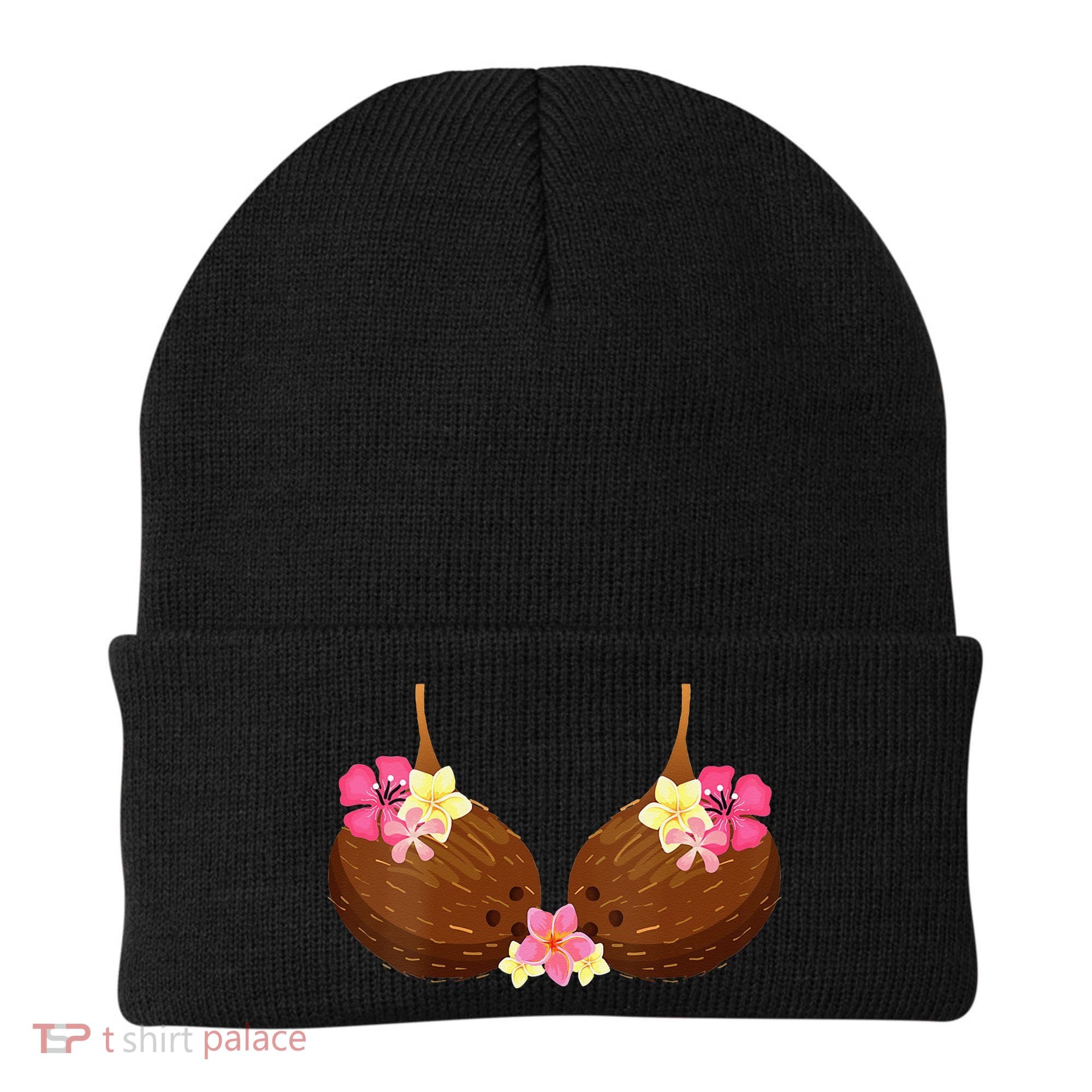 Funny Coconut Bra With Hawaiian Tropical Flowers Beanie
