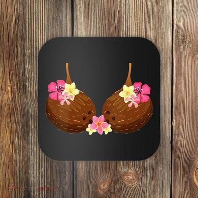 Funny Coconut Bra With Hawaiian Tropical Flowers Coaster