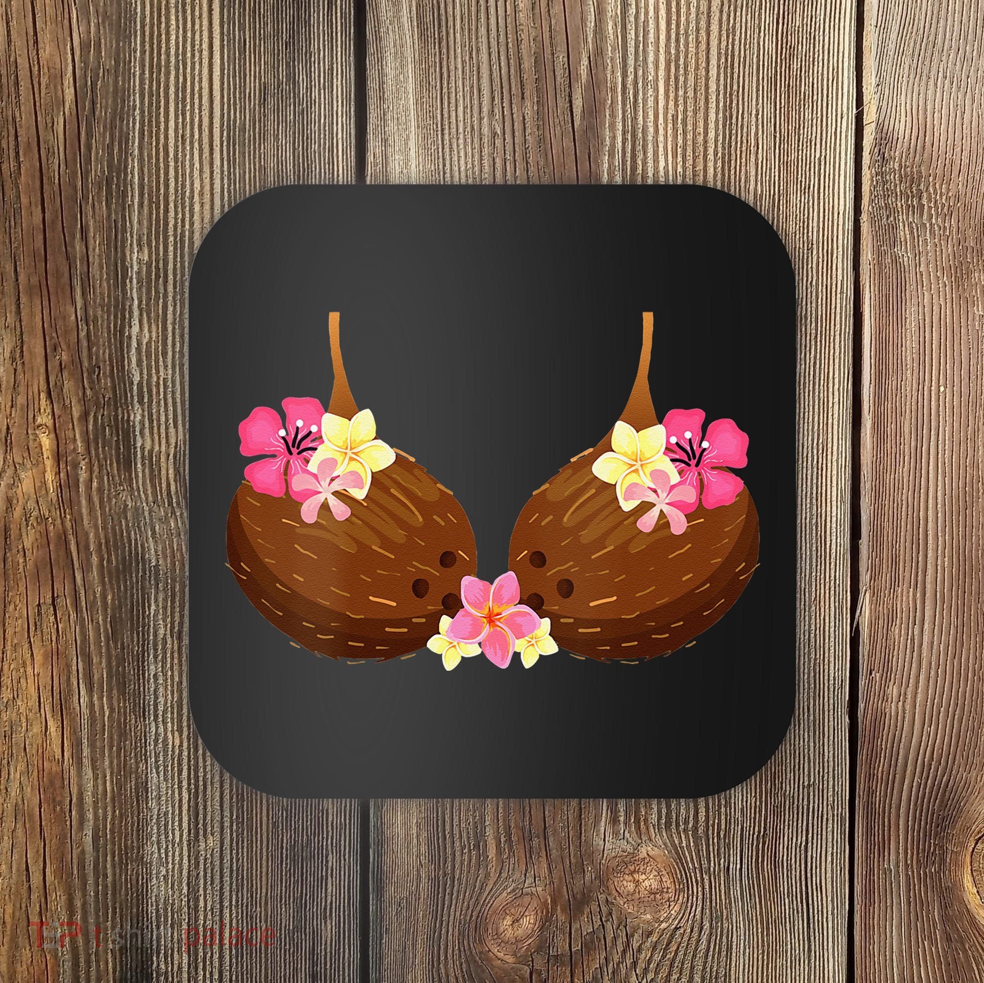 Funny Coconut Bra With Hawaiian Tropical Flowers Coaster