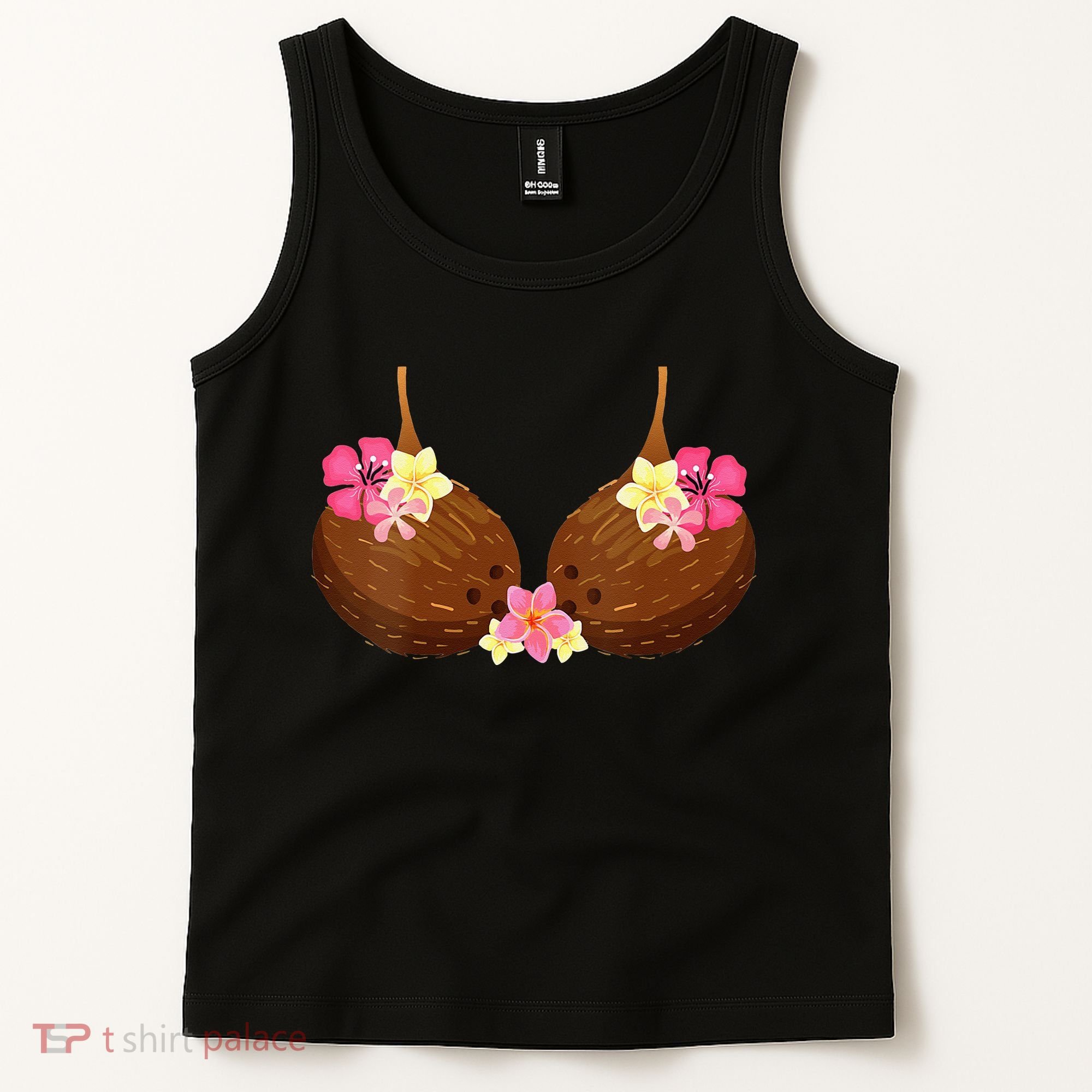 Funny Coconut Bra With Hawaiian Tropical Flowers Tank Top