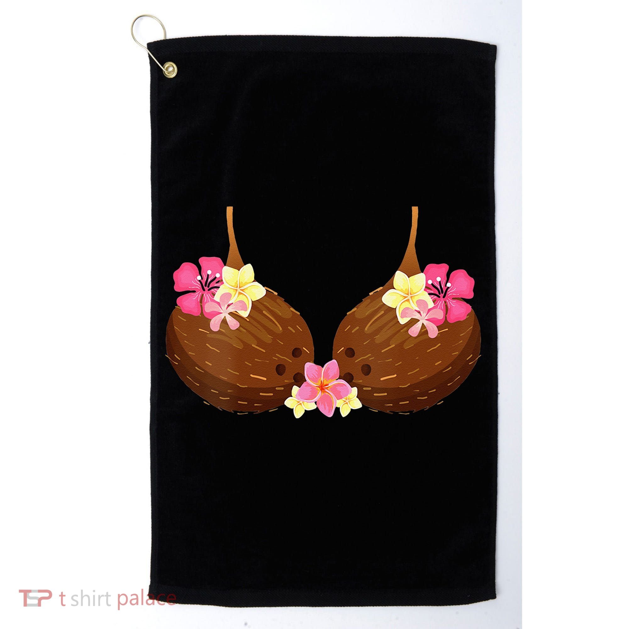 Funny Coconut Bra With Hawaiian Tropical Flowers Golf Towel