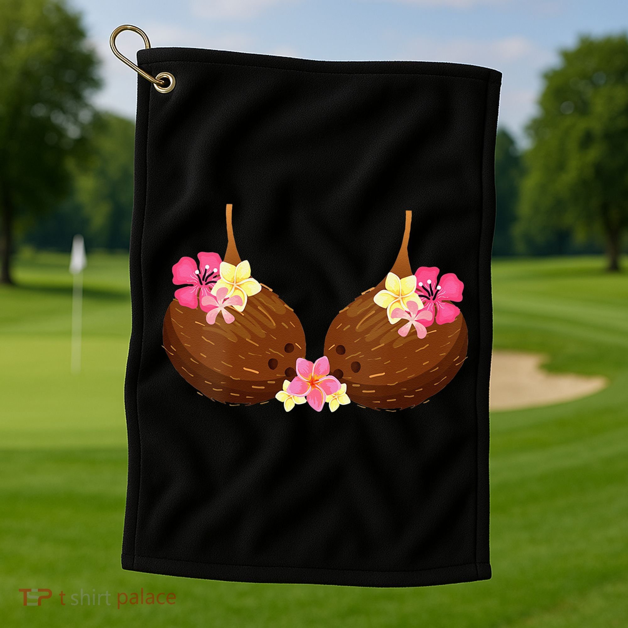 Funny Coconut Bra With Hawaiian Tropical Flowers Golf Towel