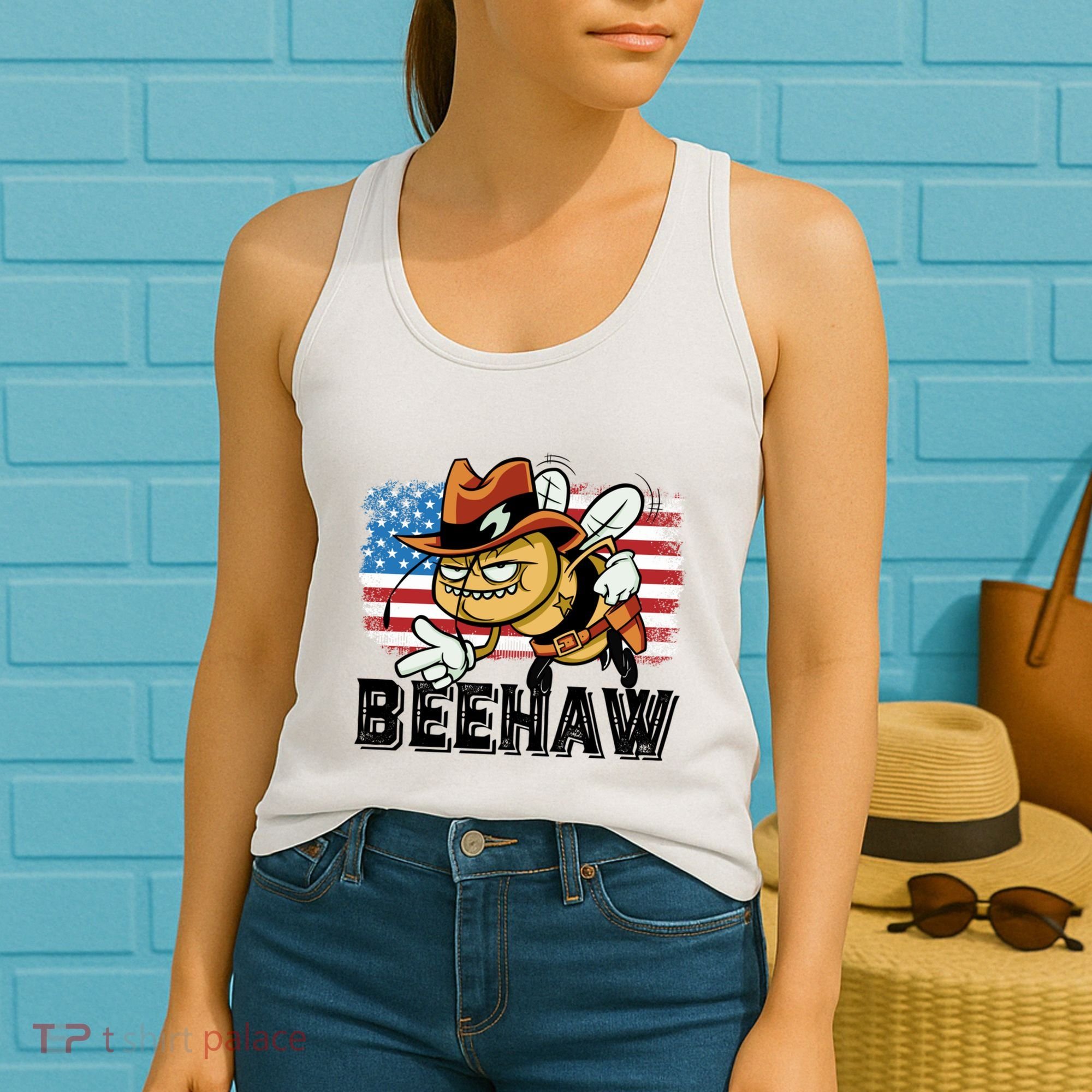 Funny Cow Bee Bumblebee Beehaw American Flag 4 Gift Women's Tank Top