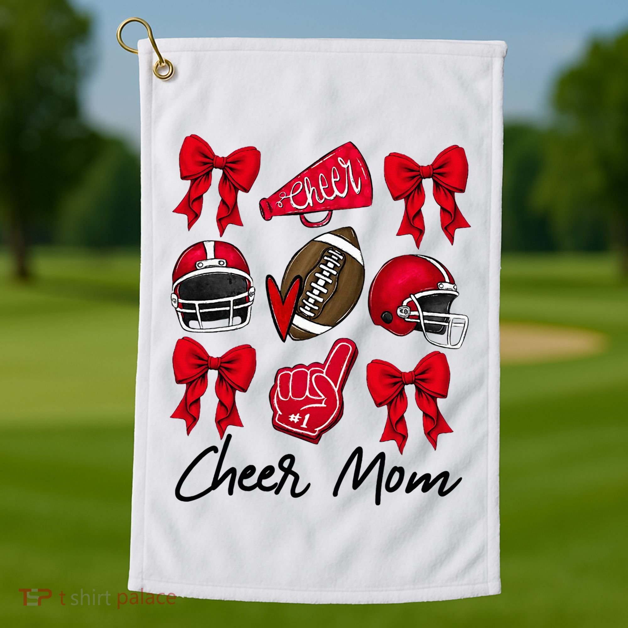 Football Coquette Bow Cheer Mom Red Golf Towel