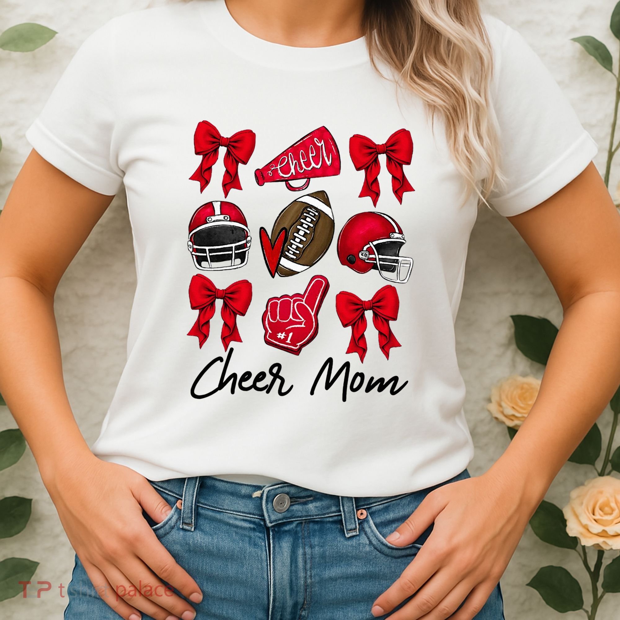 Football Coquette Bow Cheer Mom Red Women's T-Shirt