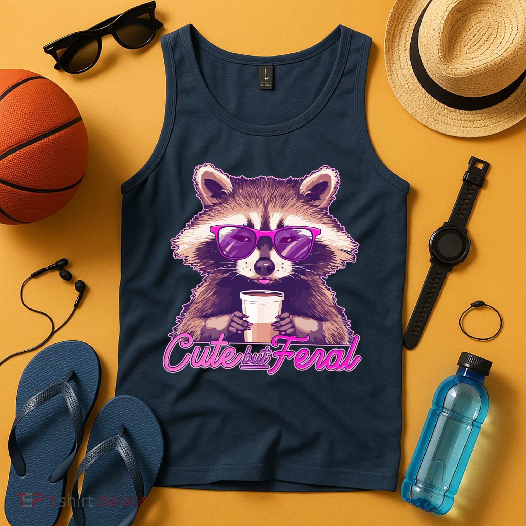 Funny Cute But Feral Coffee Raccoon Tank Top