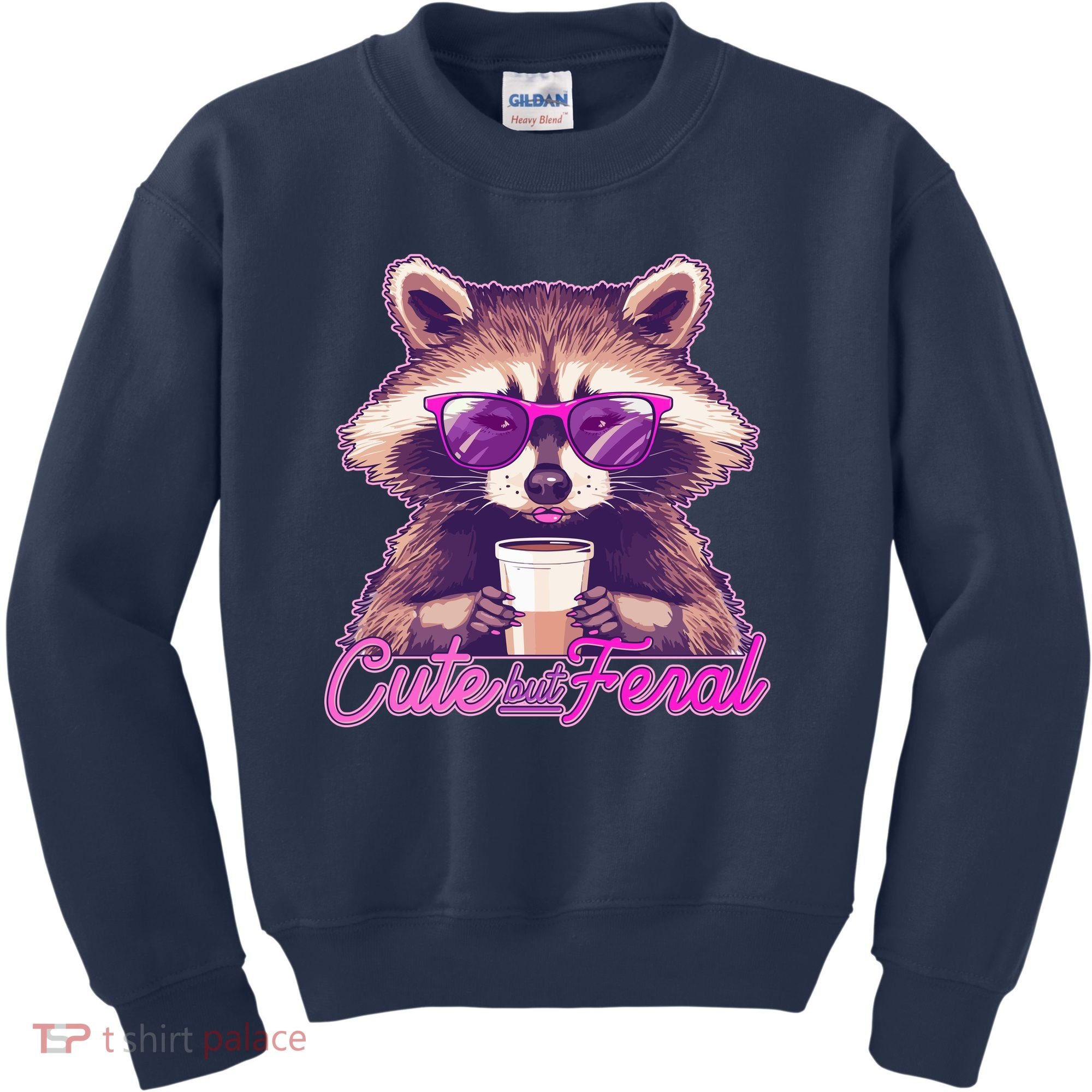 Funny Cute But Feral Coffee Raccoon Kids Sweatshirt