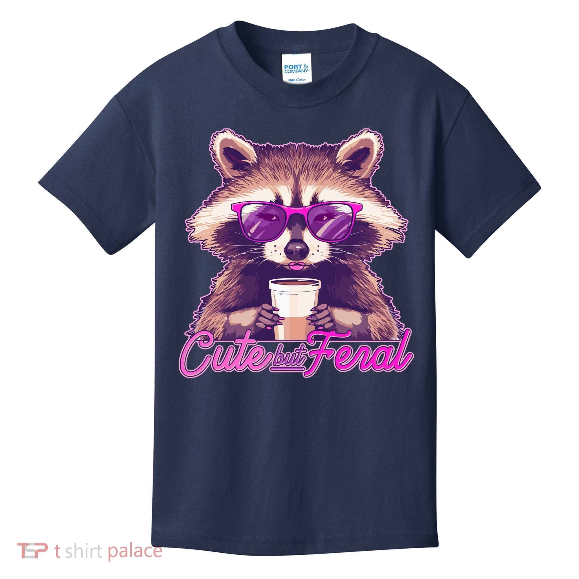 Funny Cute But Feral Coffee Raccoon Kids T-Shirt