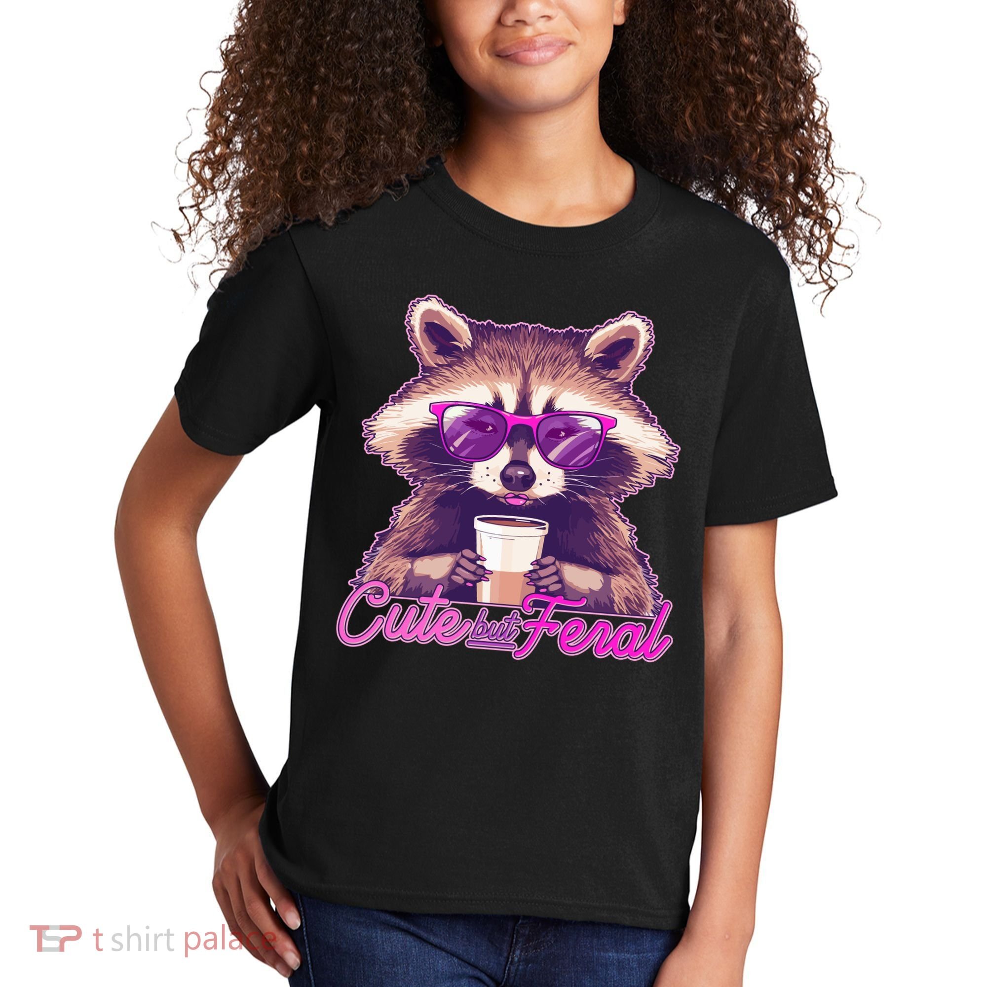 Funny Cute But Feral Coffee Raccoon Kids T-Shirt