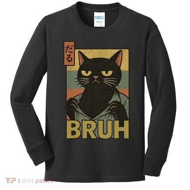 Funny Cat Bruh Meme Japanese Anime  Kids Long Sleeve Shirt