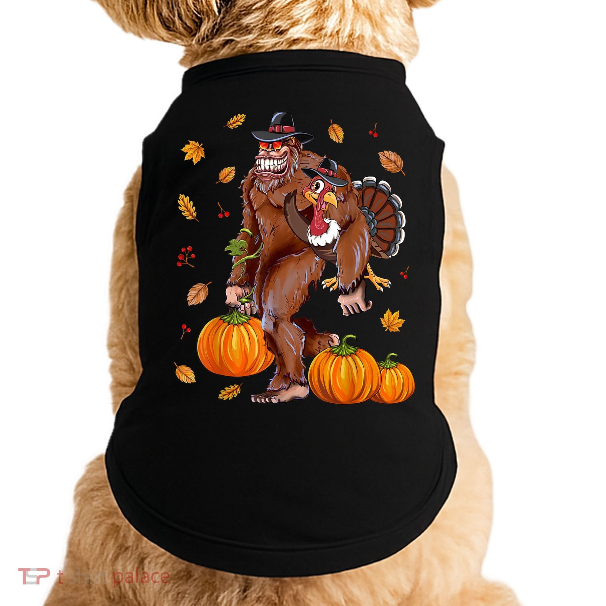 Funny Cute Bigfoot Sasquatch Turkey Pumpkin Happy Thanksgiving Day Doggie Tank
