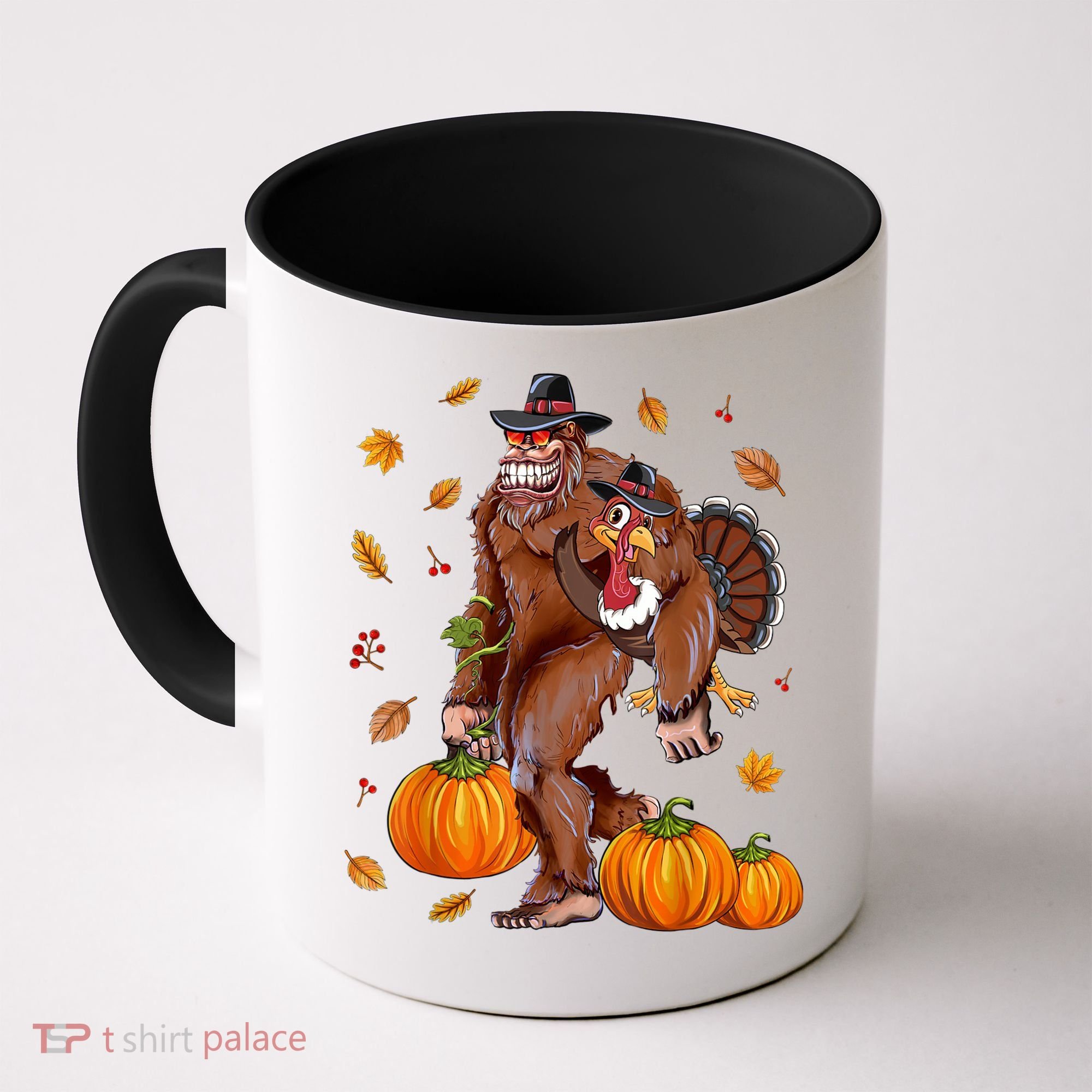 Funny Cute Bigfoot Sasquatch Turkey Pumpkin Happy Thanksgiving Day Coffee Mug