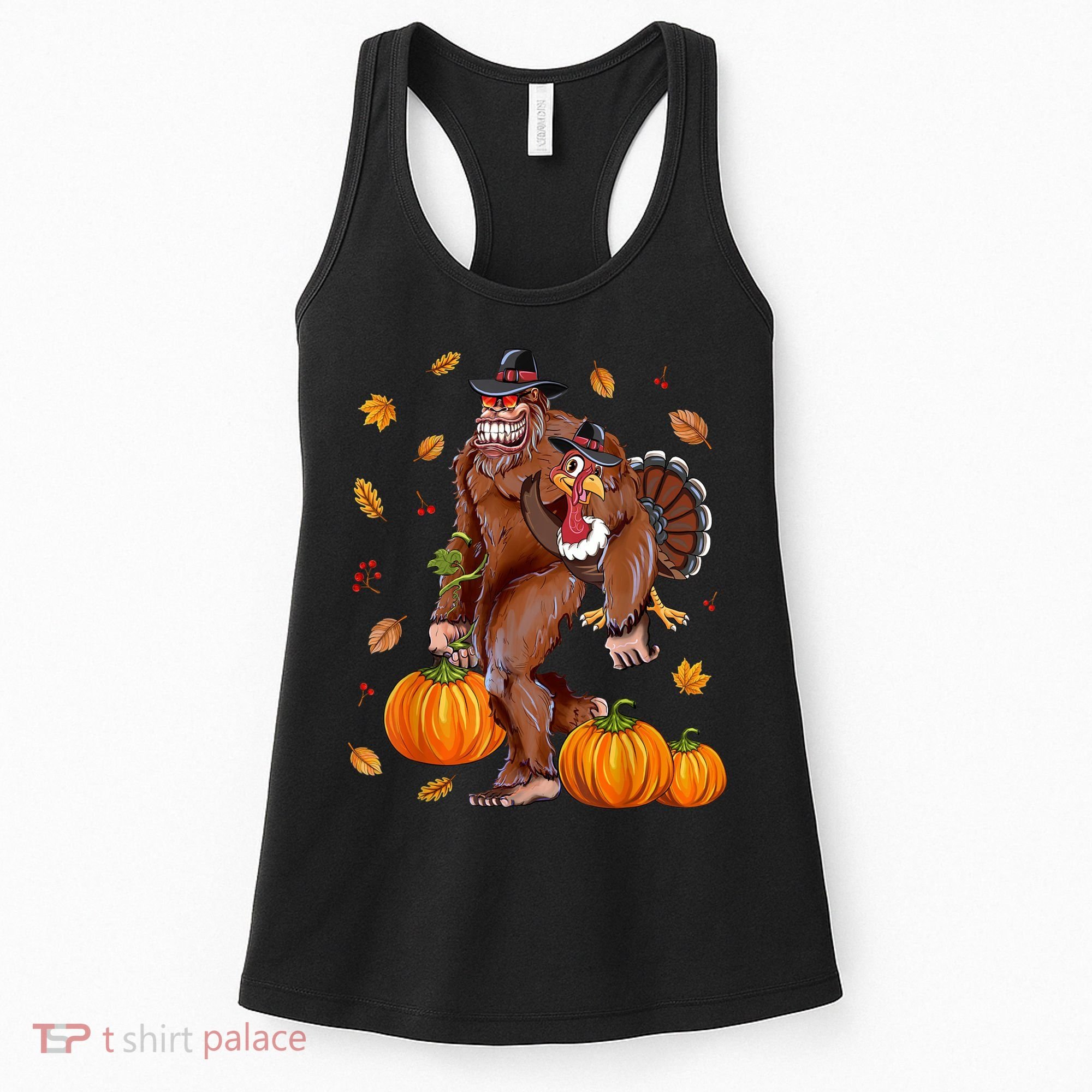 Funny Cute Bigfoot Sasquatch Turkey Pumpkin Happy Thanksgiving Day Women's Tank Top