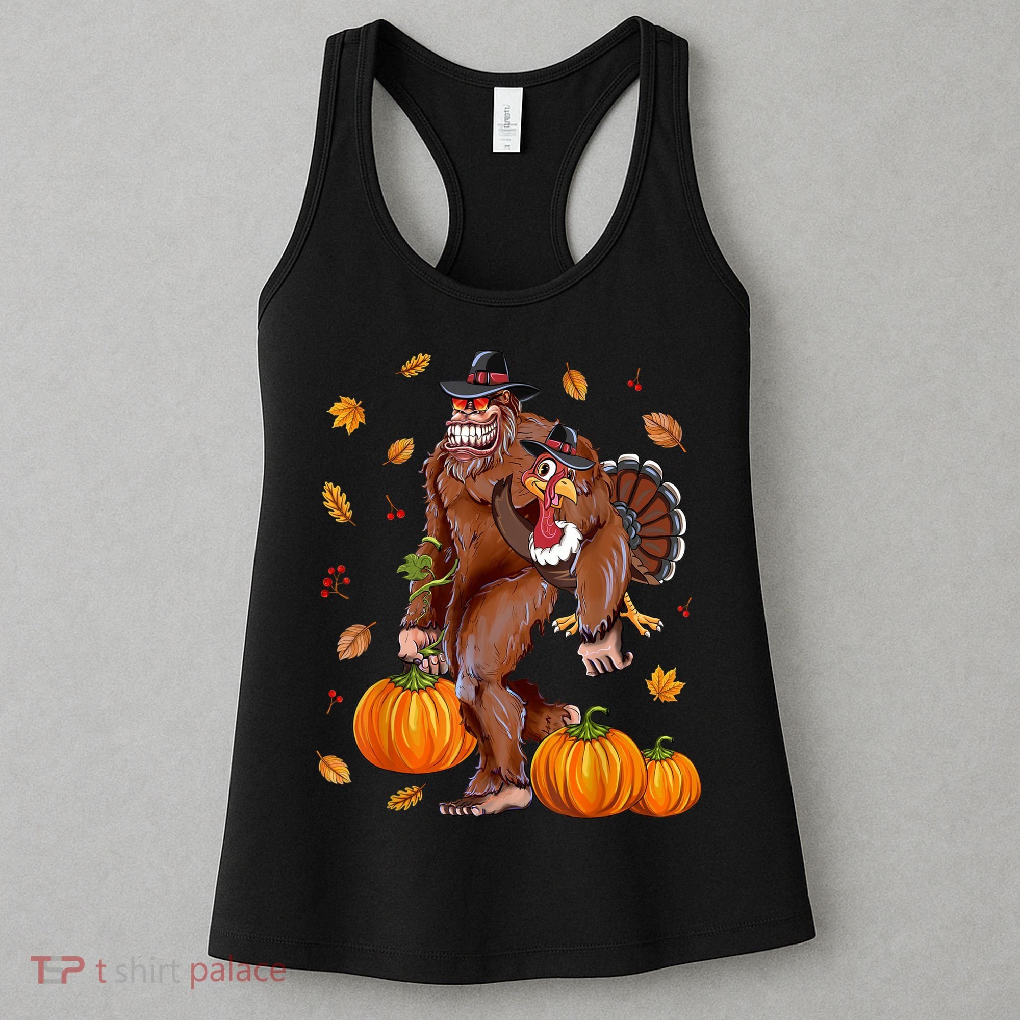Funny Cute Bigfoot Sasquatch Turkey Pumpkin Happy Thanksgiving Day Women's Tank Top