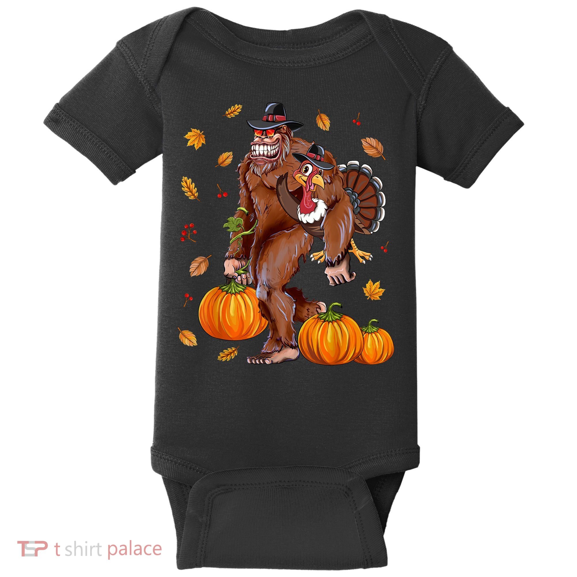 Funny Cute Bigfoot Sasquatch Turkey Pumpkin Happy Thanksgiving Day Baby Bodysuit