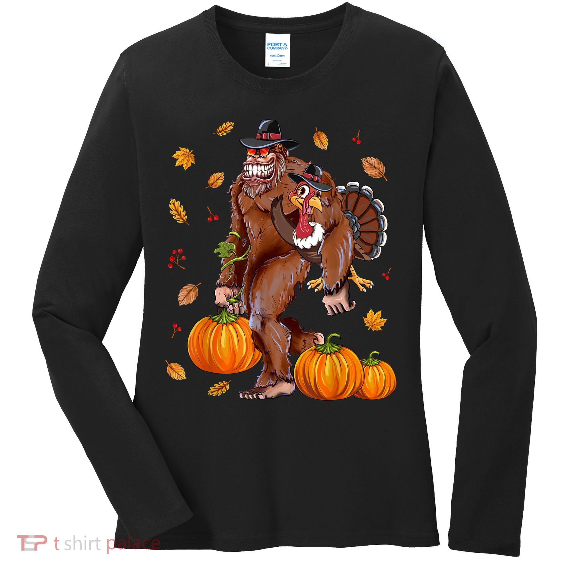 Funny Cute Bigfoot Sasquatch Turkey Pumpkin Happy Thanksgiving Day Women's Long Sleeve Shirt