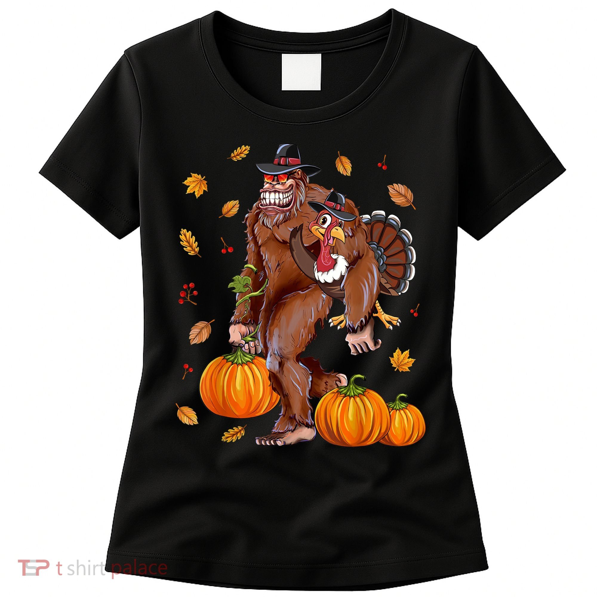 Funny Cute Bigfoot Sasquatch Turkey Pumpkin Happy Thanksgiving Day Women's T-Shirt