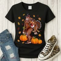Funny Cute Bigfoot Sasquatch Turkey Pumpkin Happy Thanksgiving Day Women's T-Shirt thumb 3