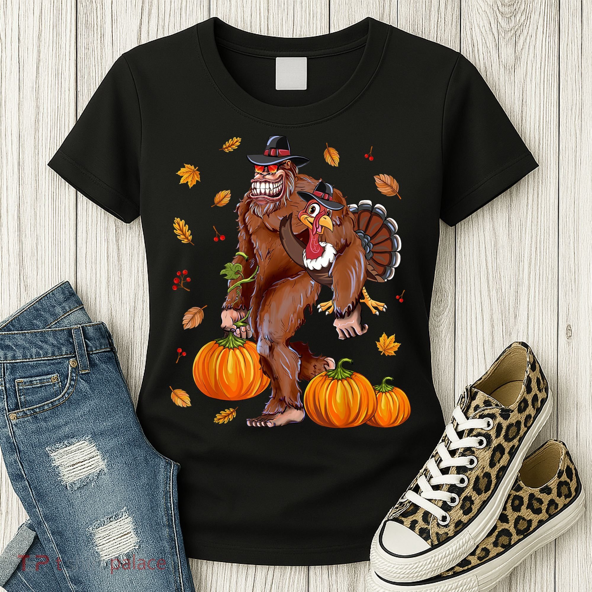 Funny Cute Bigfoot Sasquatch Turkey Pumpkin Happy Thanksgiving Day Women's T-Shirt