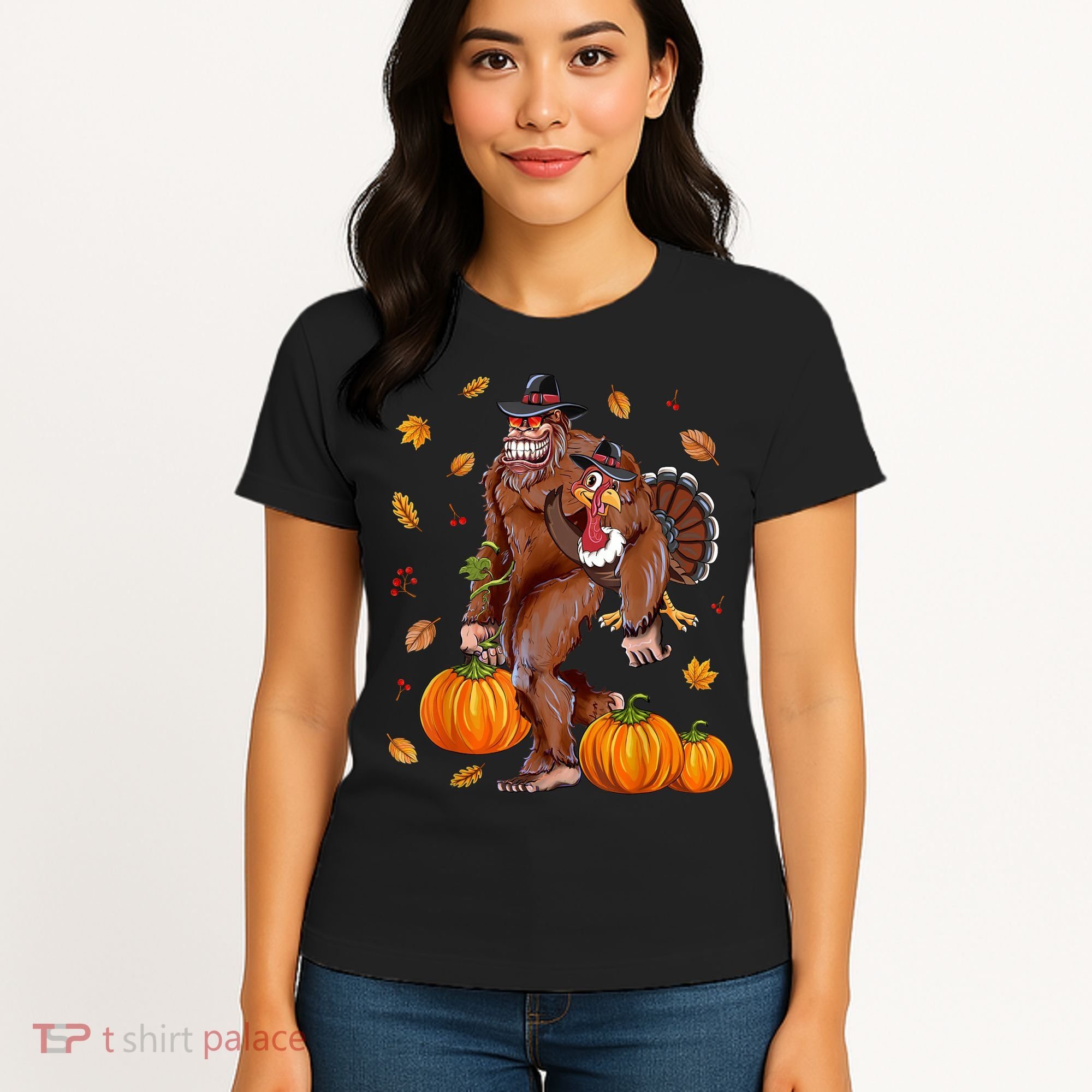 Funny Cute Bigfoot Sasquatch Turkey Pumpkin Happy Thanksgiving Day Women's T-Shirt