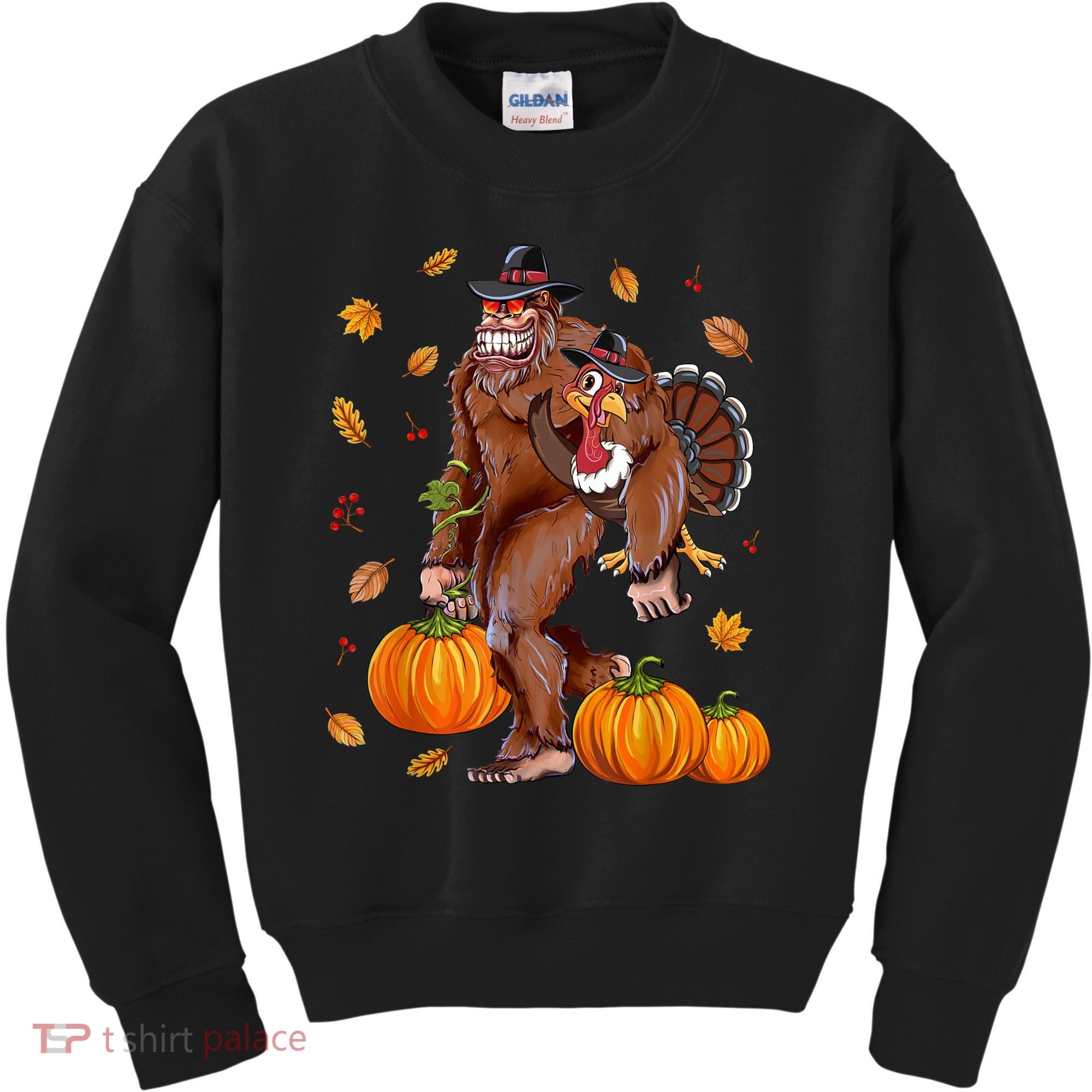 Funny Cute Bigfoot Sasquatch Turkey Pumpkin Happy Thanksgiving Day Kids Sweatshirt