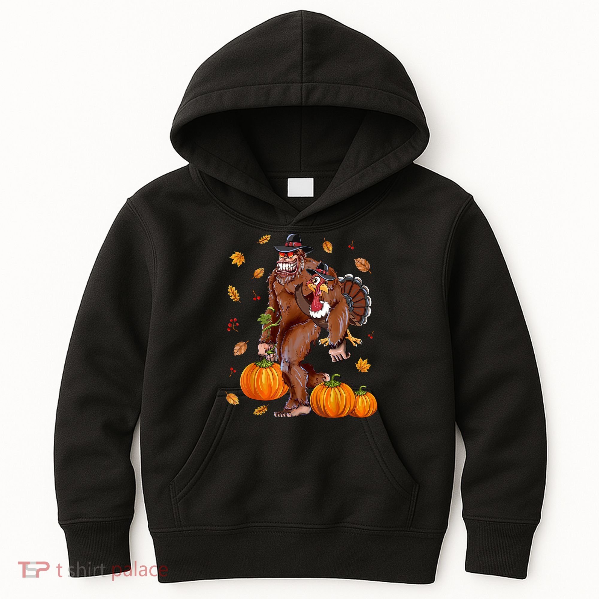 Funny Cute Bigfoot Sasquatch Turkey Pumpkin Happy Thanksgiving Day Kids Hoodie