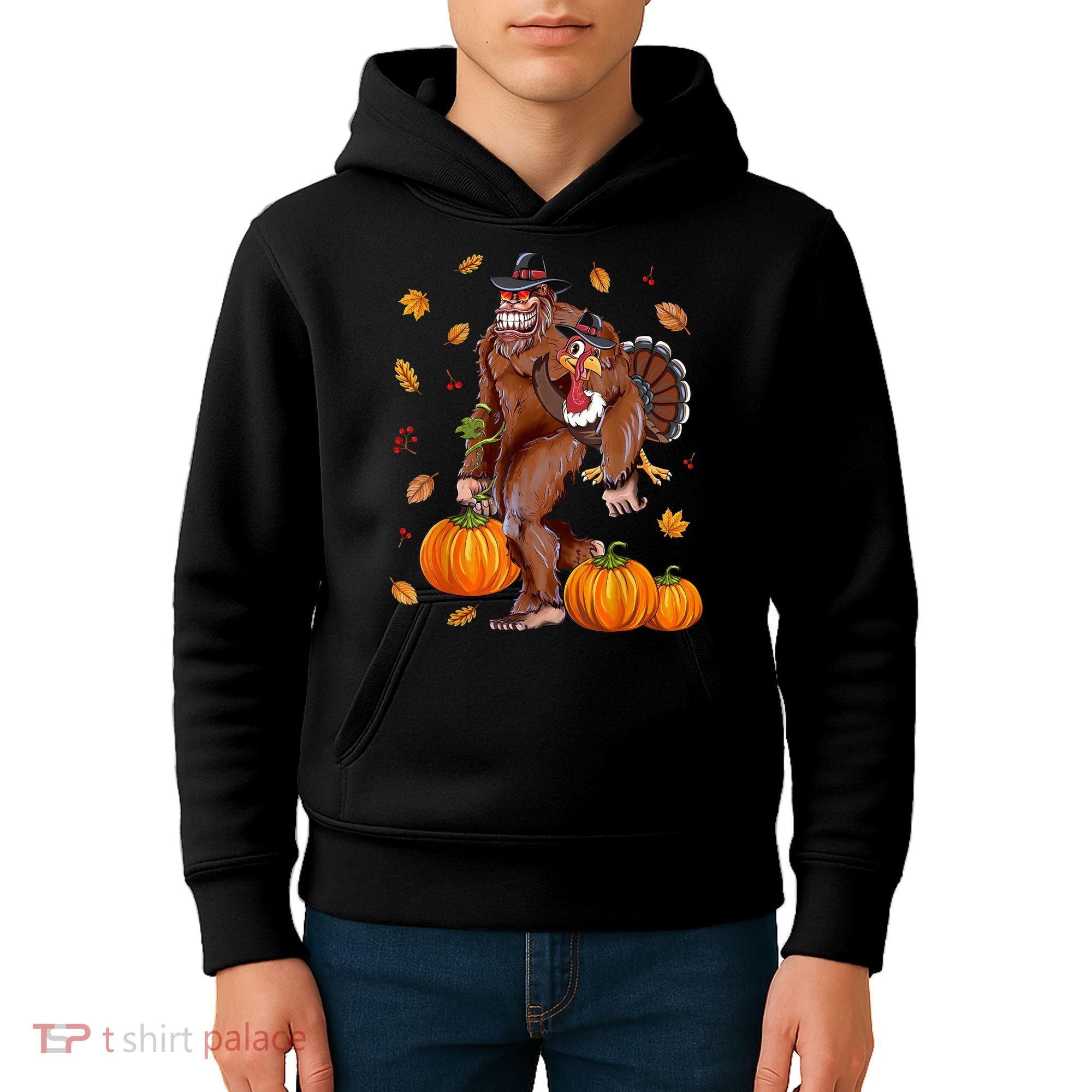 Funny Cute Bigfoot Sasquatch Turkey Pumpkin Happy Thanksgiving Day Kids Hoodie