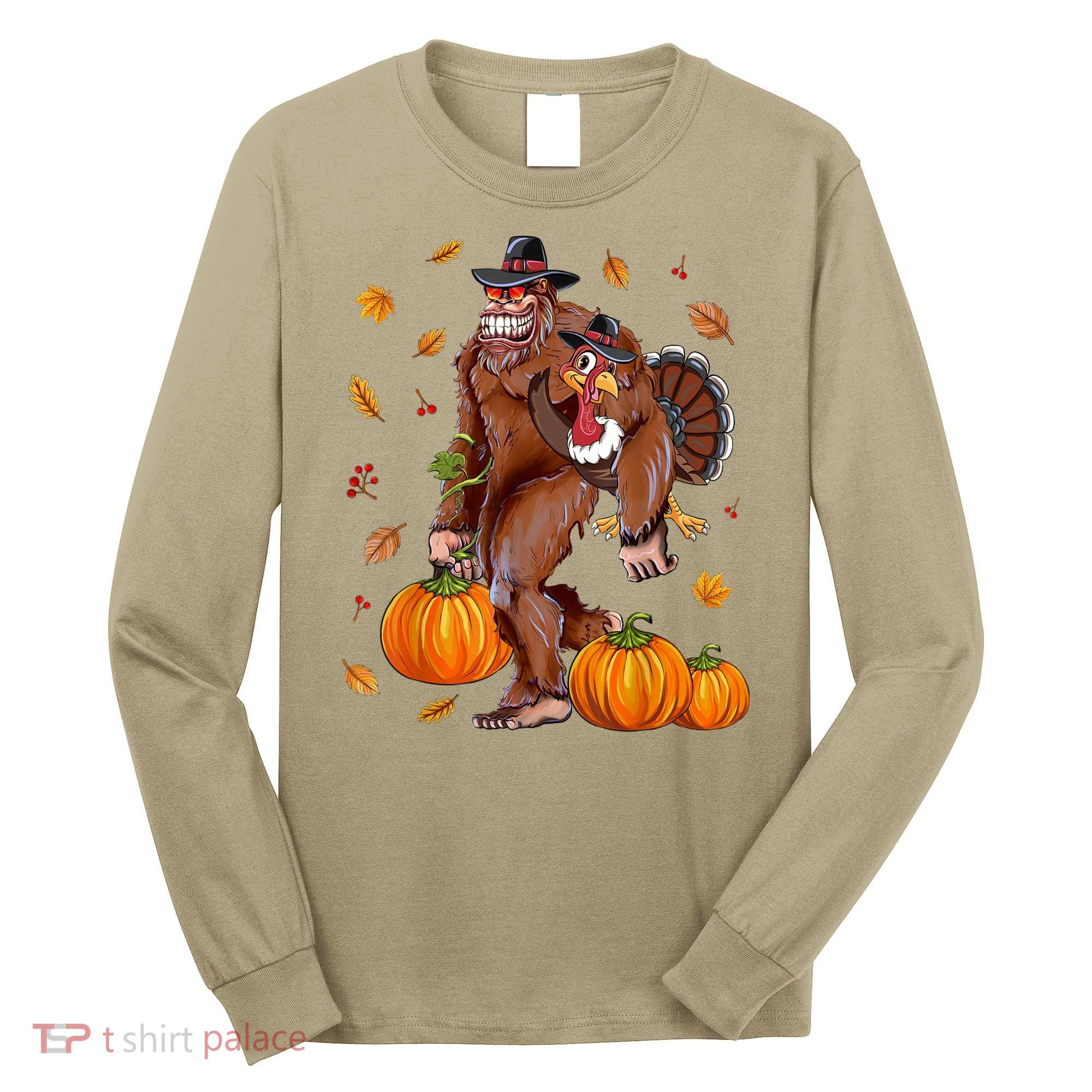 Funny Cute Bigfoot Sasquatch Turkey Pumpkin Happy Thanksgiving Day Long Sleeve Shirt