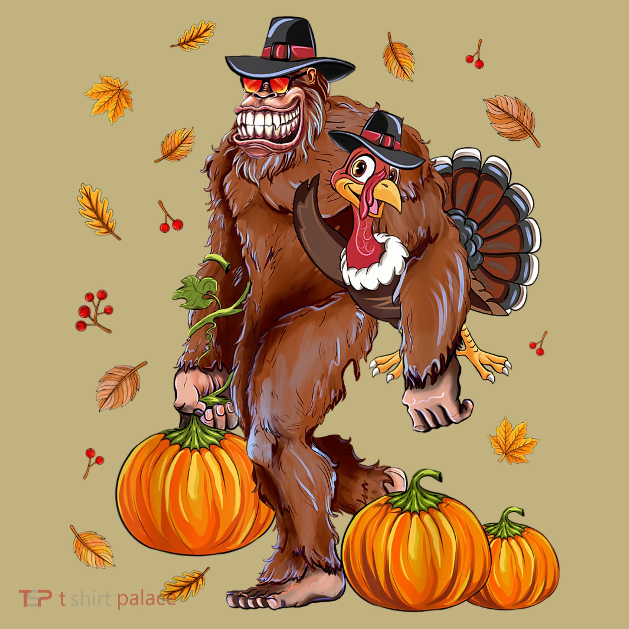 Funny Cute Bigfoot Sasquatch Turkey Pumpkin Happy Thanksgiving Day Long Sleeve Shirt