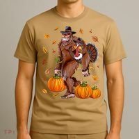 Funny Cute Bigfoot Sasquatch Turkey Pumpkin Happy Thanksgiving Day T-Shirt thumb 3