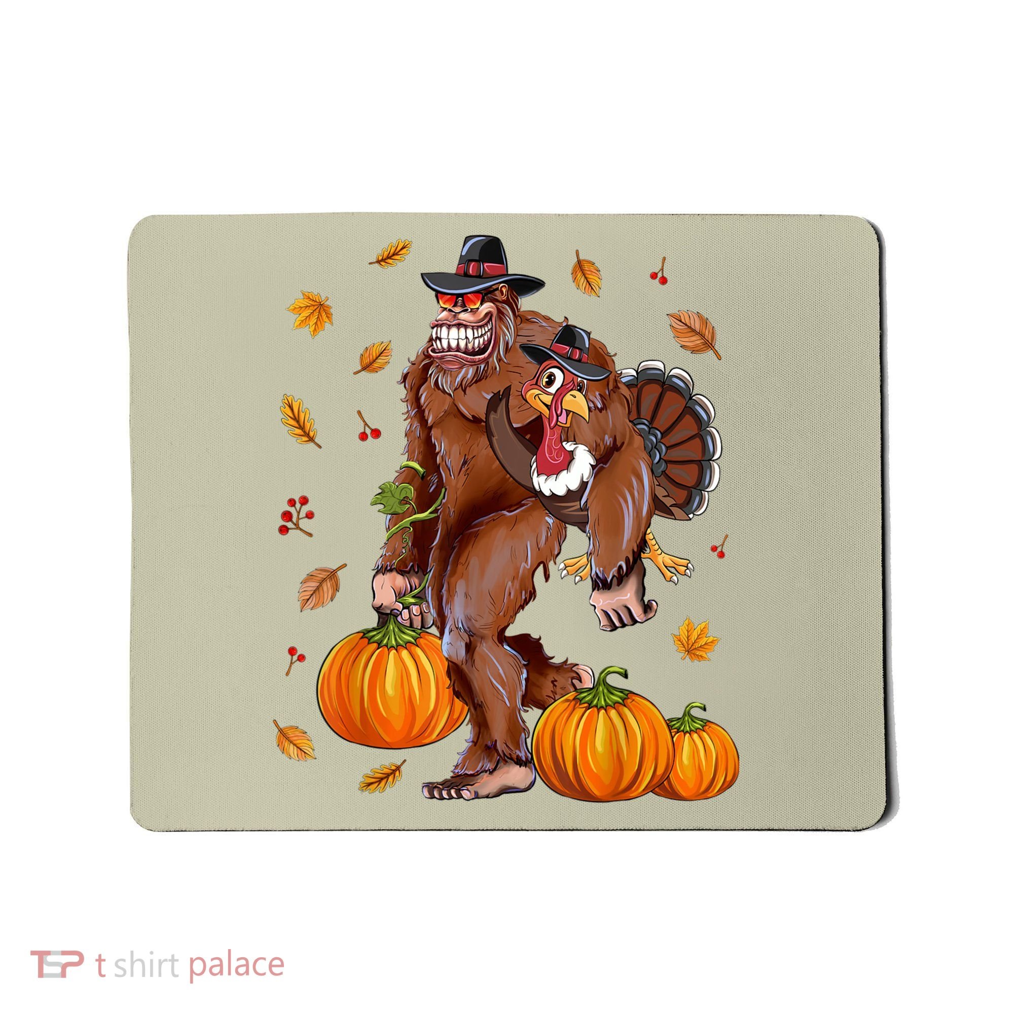 Funny Cute Bigfoot Sasquatch Turkey Pumpkin Happy Thanksgiving Day Mousepad