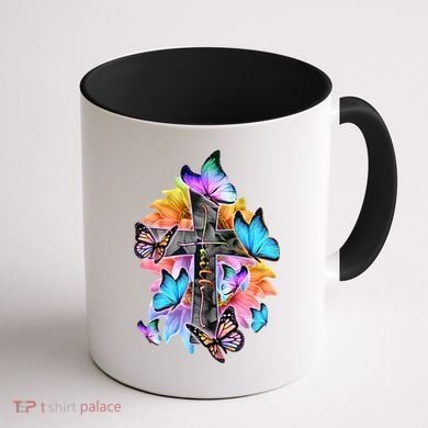 Faith Cross Butterfly With Flowers Coffee Mug back