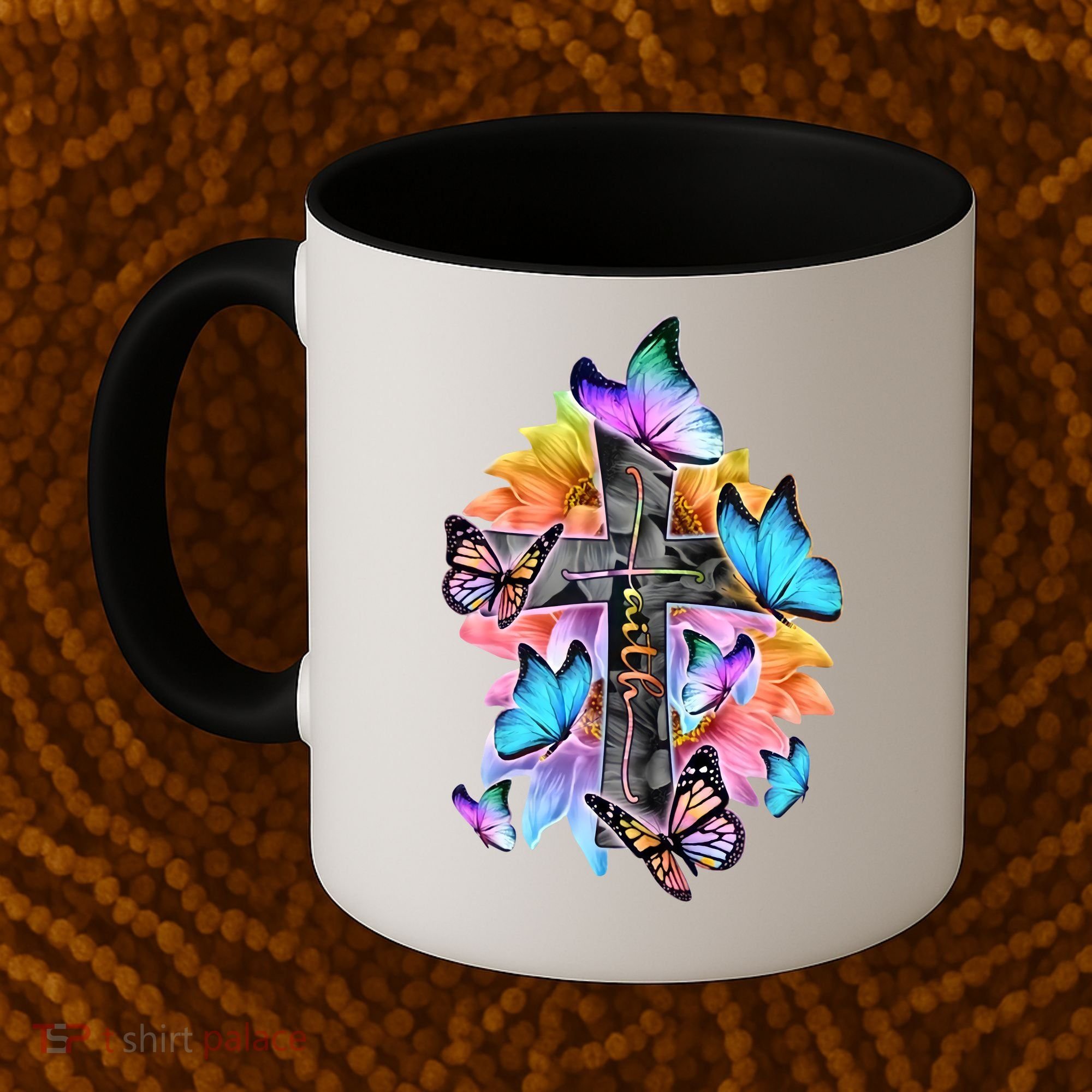 Faith Cross Butterfly With Flowers Coffee Mug