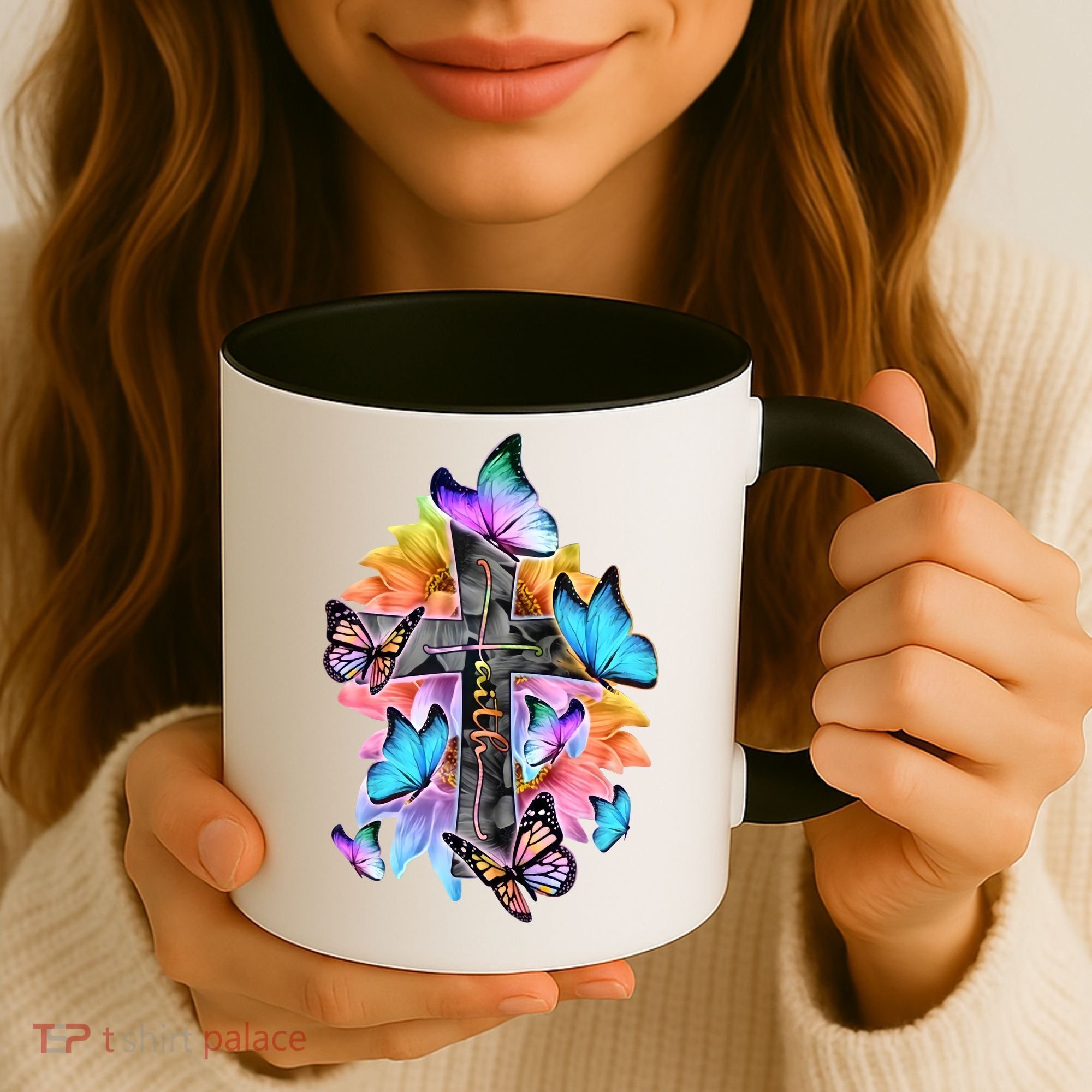 Faith Cross Butterfly With Flowers Coffee Mug