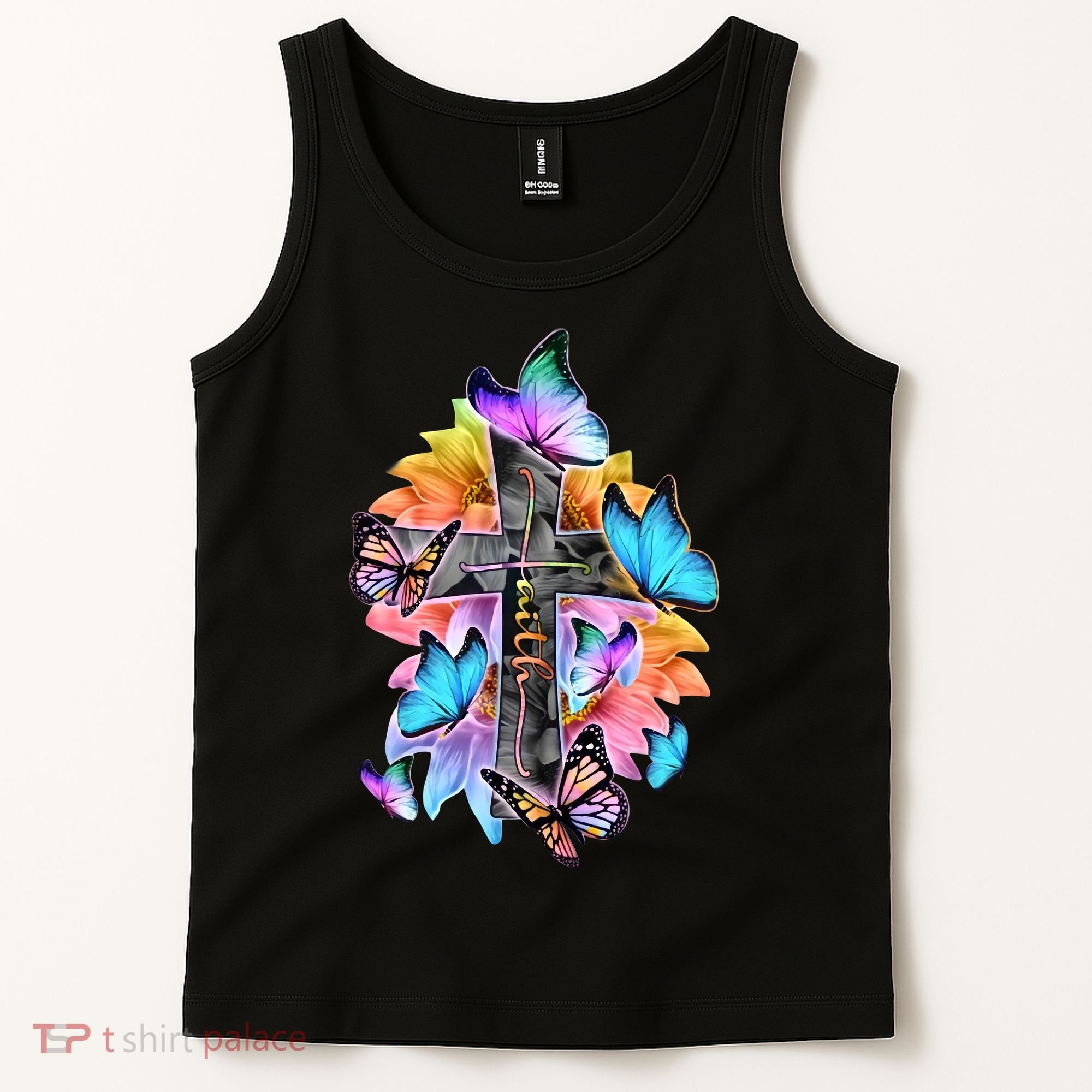 Faith Cross Butterfly With Flowers Tank Top