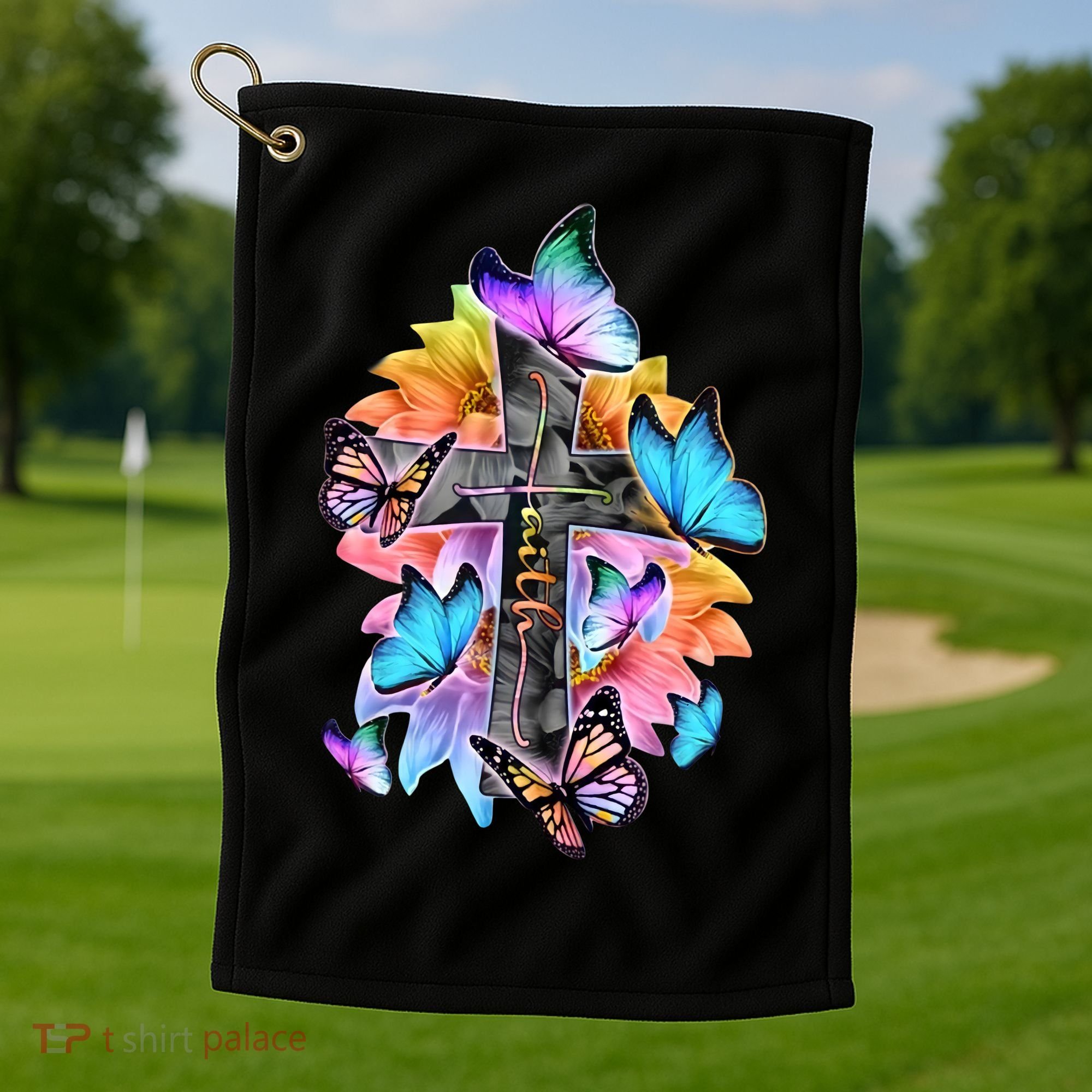 Faith Cross Butterfly With Flowers Golf Towel