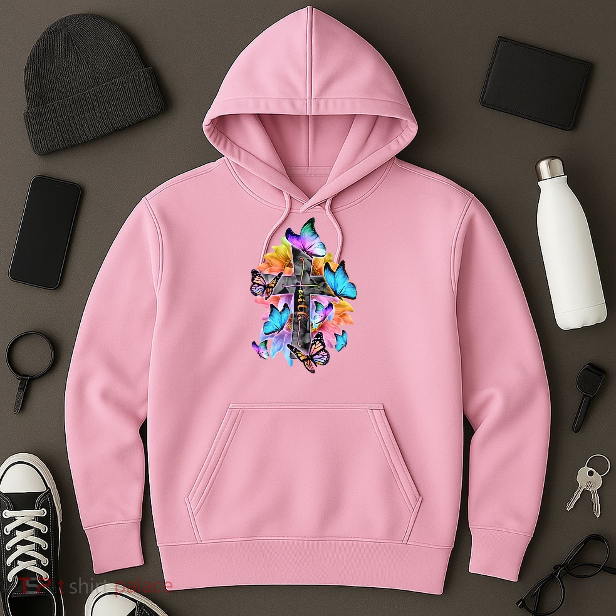 Faith Cross Butterfly With Flowers Hoodie
