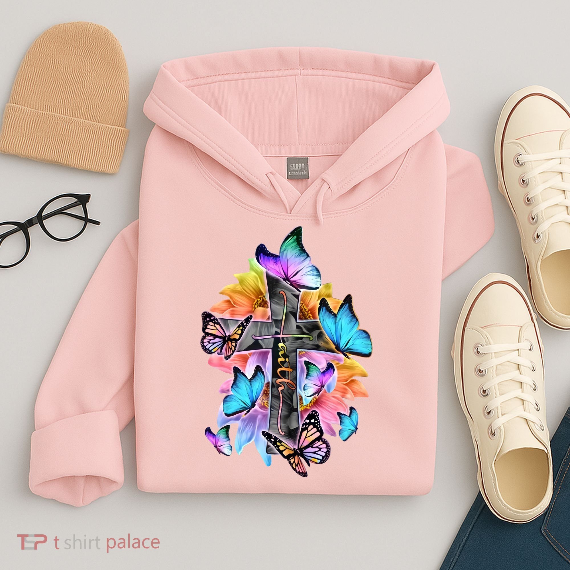 Faith Cross Butterfly With Flowers Hoodie