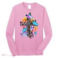 Faith Cross Butterfly With Flowers Long Sleeve Shirt thumb 0
