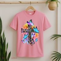 Faith Cross Butterfly With Flowers T-Shirt thumb 2