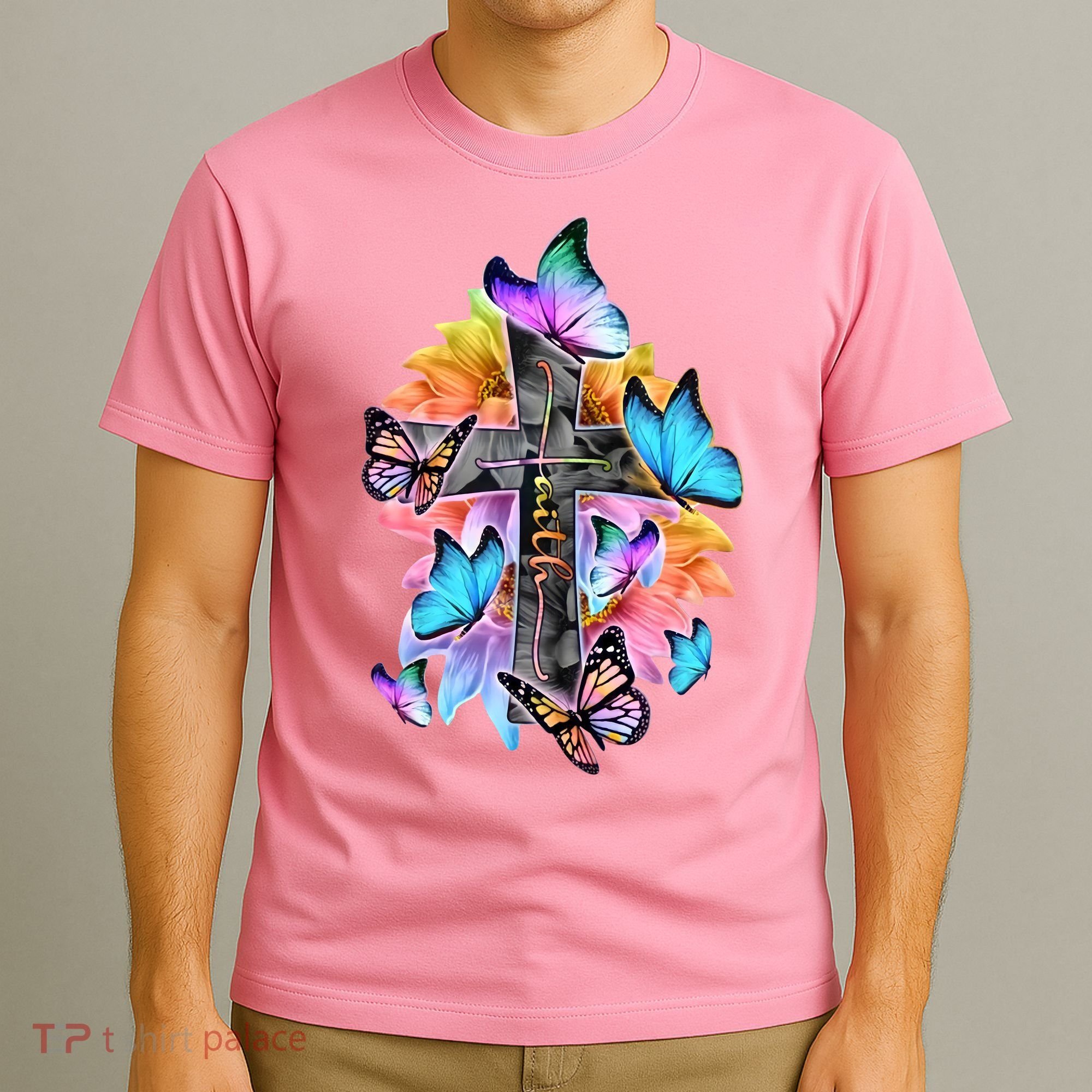 Faith Cross Butterfly With Flowers T-Shirt