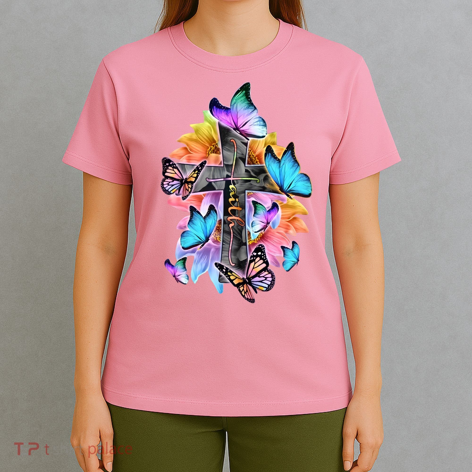 Faith Cross Butterfly With Flowers T-Shirt