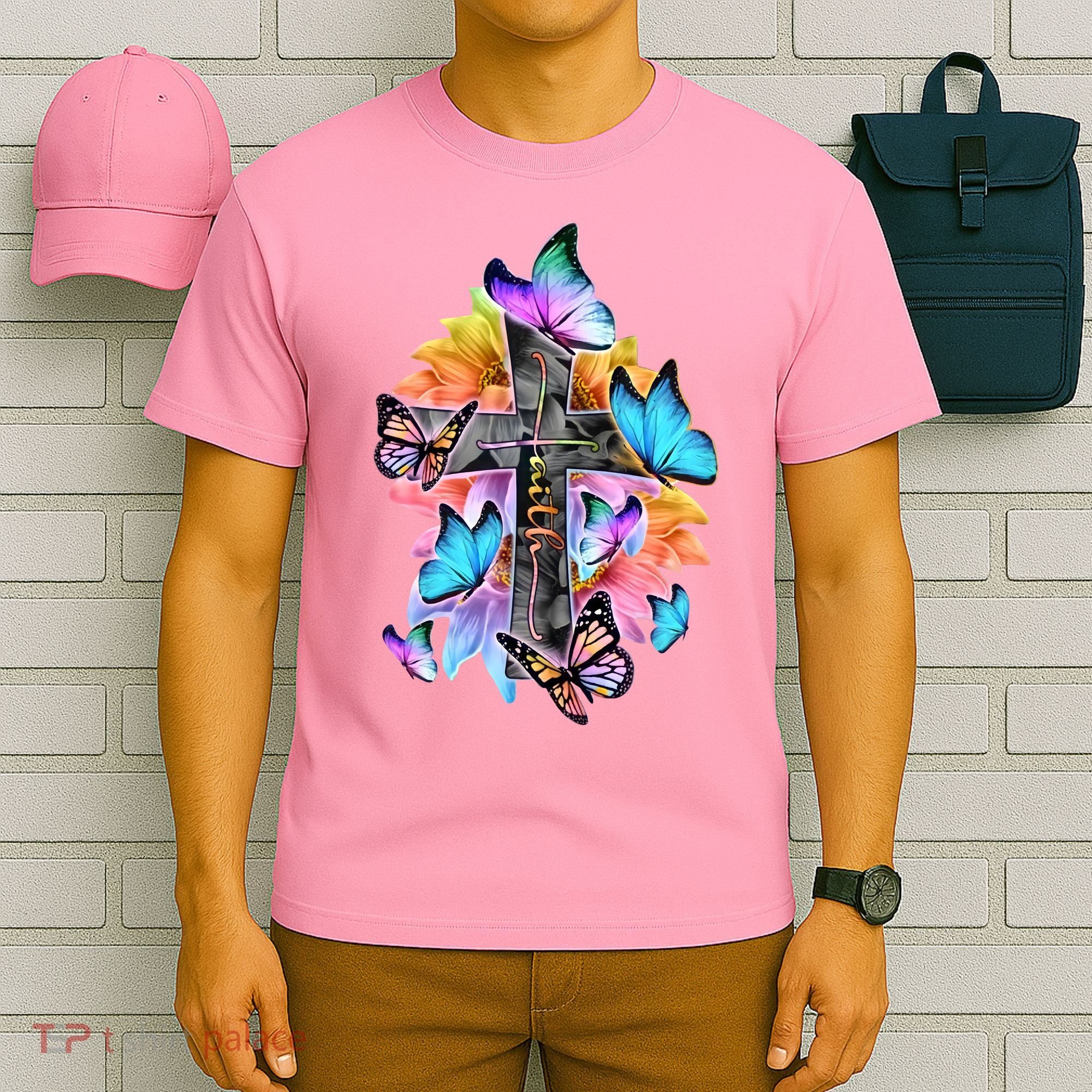 Faith Cross Butterfly With Flowers T-Shirt