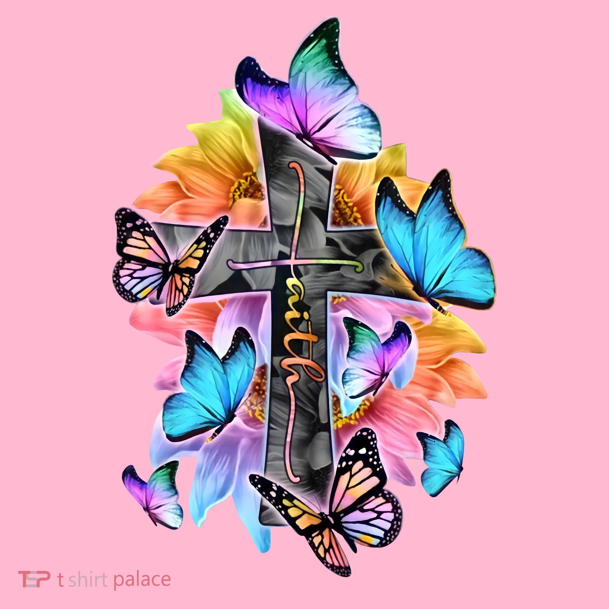 Faith Cross Butterfly With Flowers T-Shirt