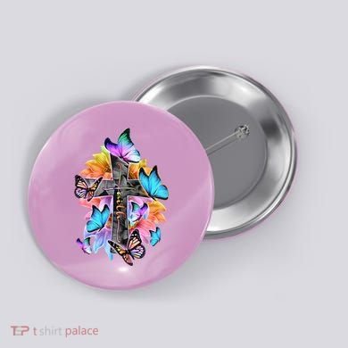 Faith Cross Butterfly With Flowers Button