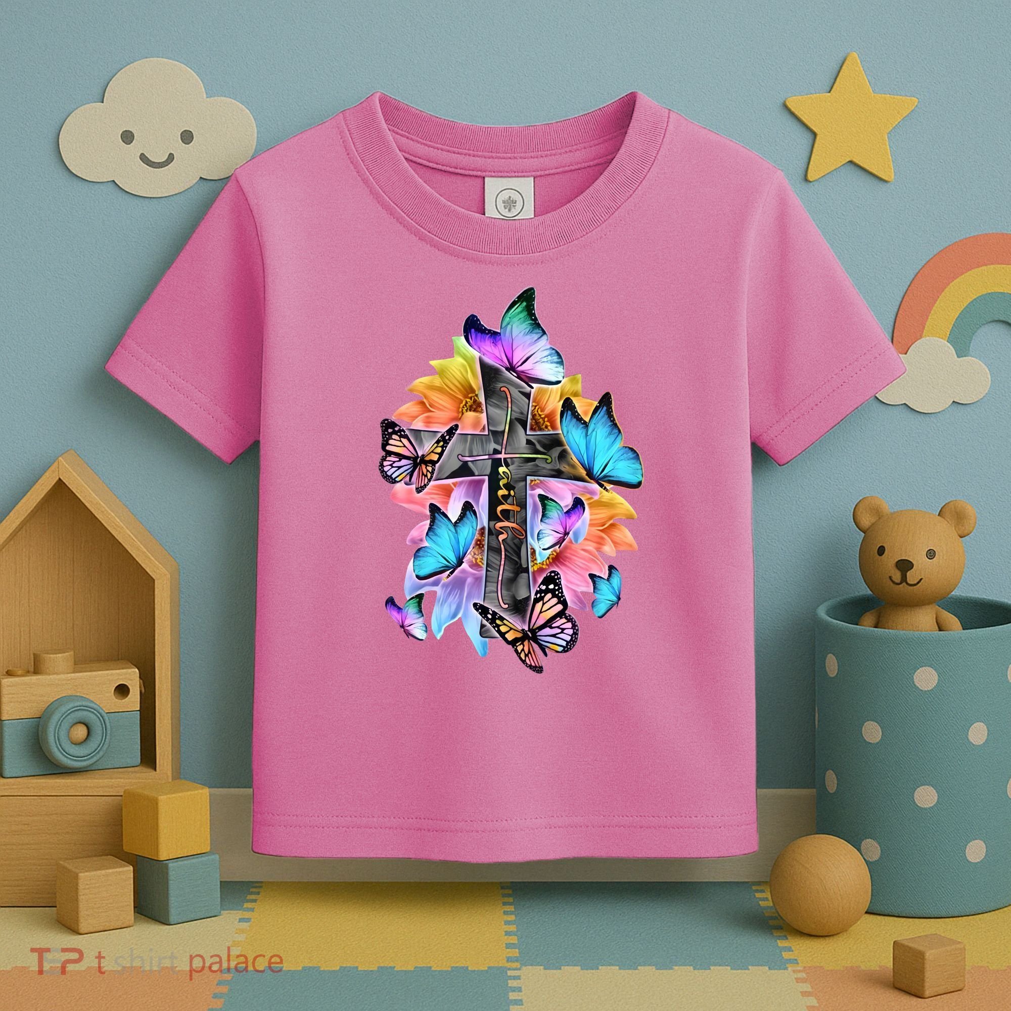 Faith Cross Butterfly With Flowers Toddler T-Shirt