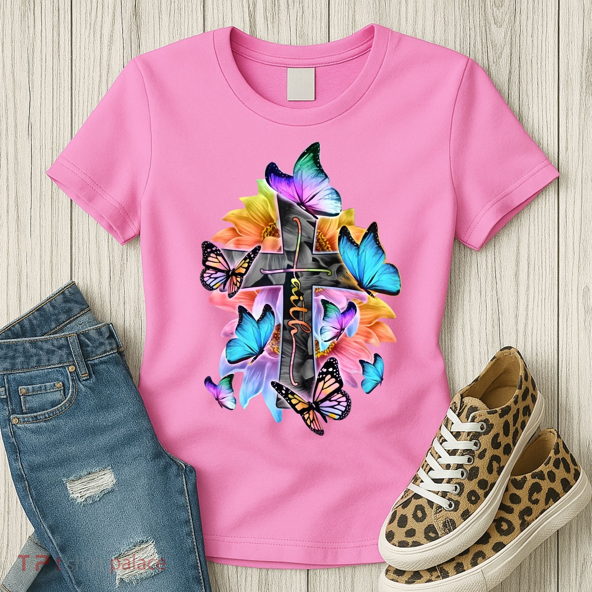 Faith Cross Butterfly With Flowers Women's T-Shirt