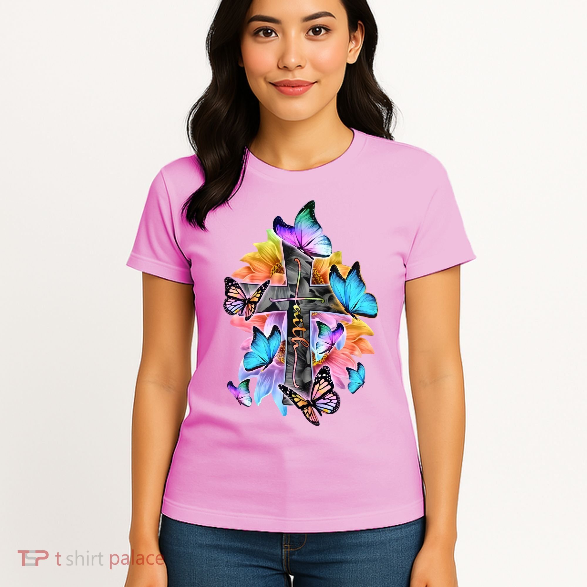 Faith Cross Butterfly With Flowers Women's T-Shirt